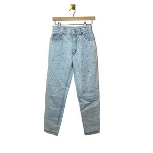 VINTAGE IOU Women’s Beaded Straight Leg Jeans in Blue/Silver Size 9